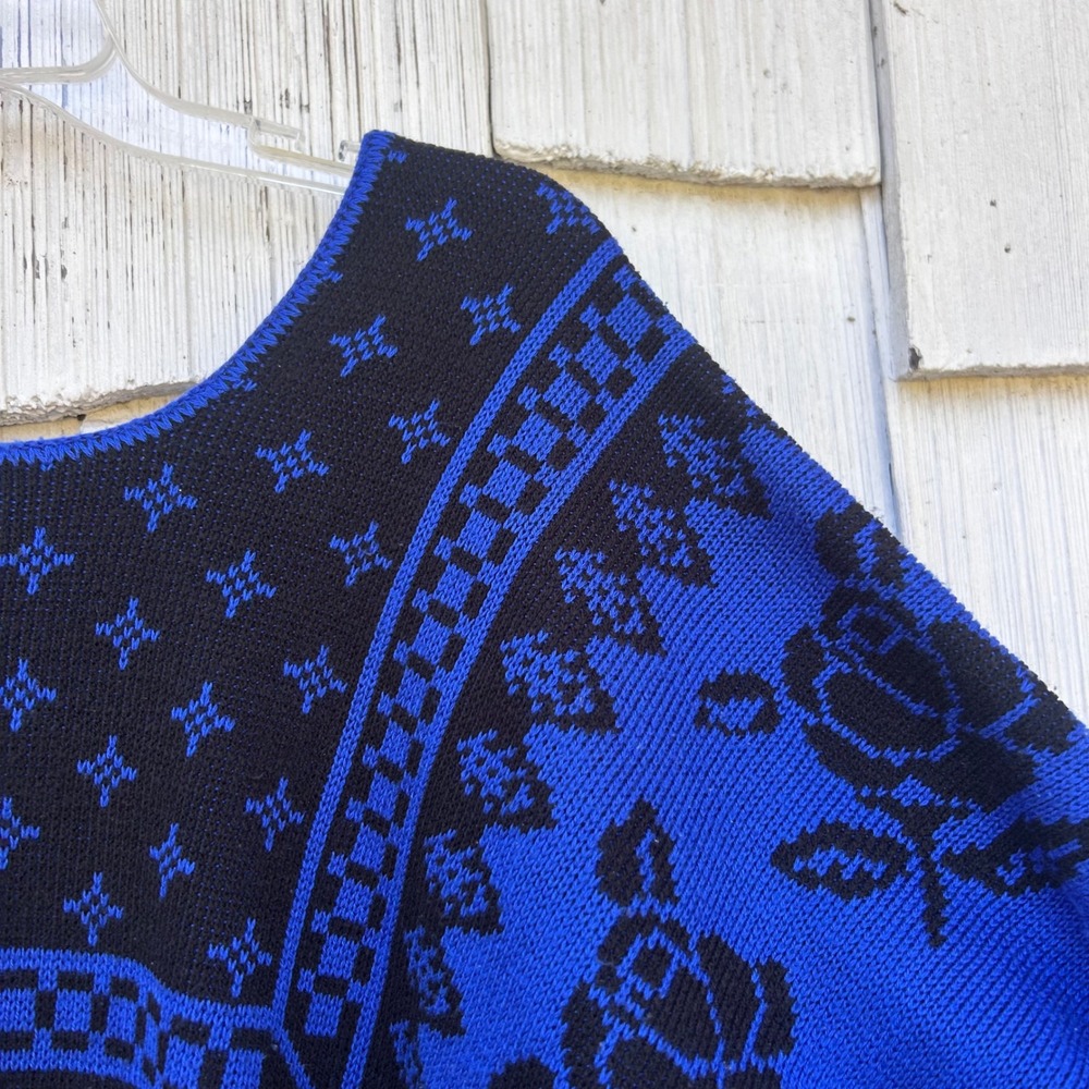 Womens Vintage Blue Black Rose Knit Sweater Dolman Sleeve M - Picture 3 of 6